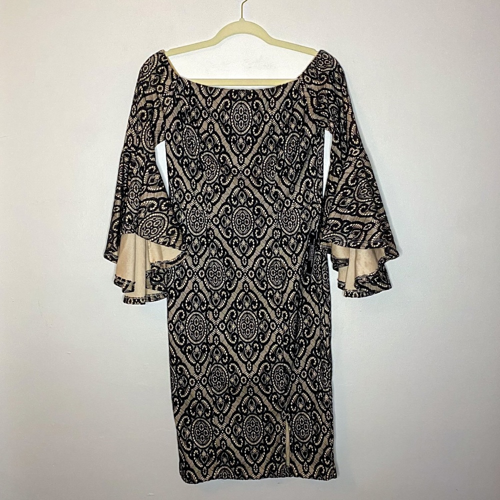 Venus Black/Ivory Bell-Sleeve Midi Dress